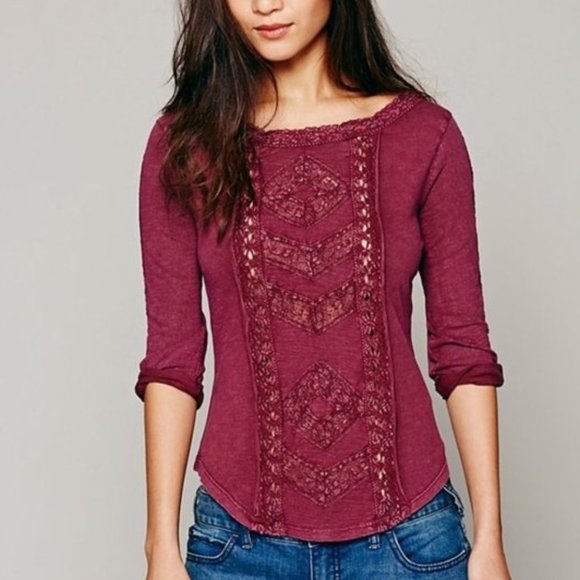 Free People Tops - Free People Truly Madly Lace Top Wine Red